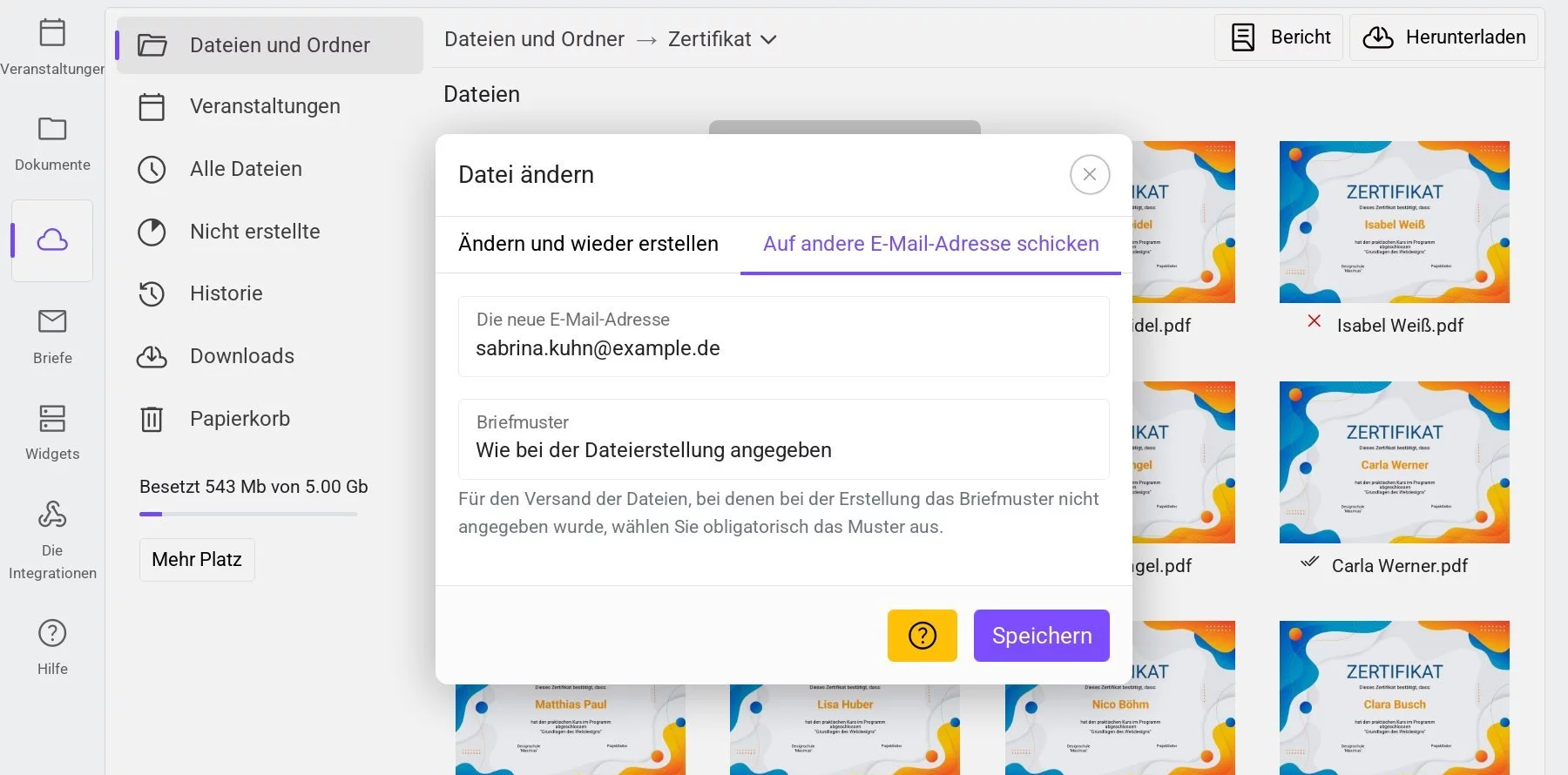 Fenster für den Versand an eine andere E-Mail-Adresse