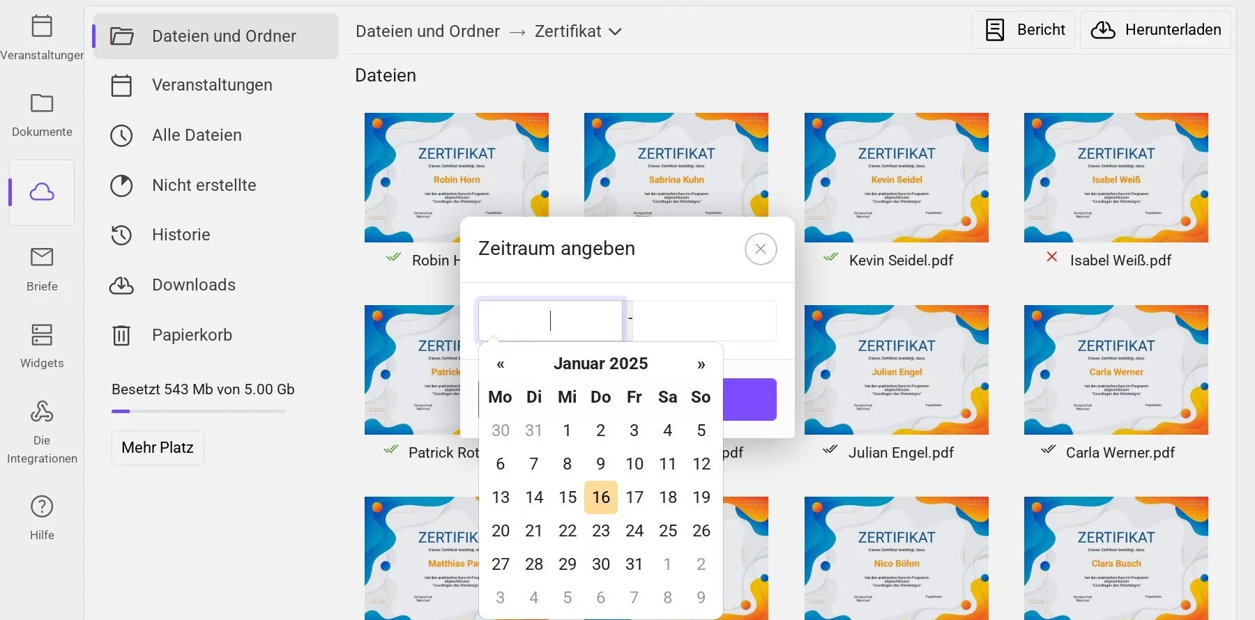 Datumsbereich für die Dateianzeige auswählen